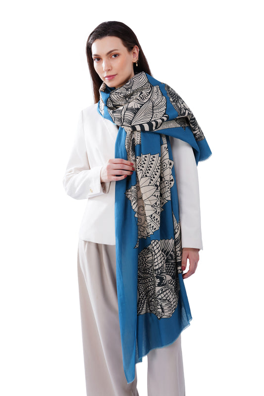 Women's Blue Elegant Pure Cotton Fashion Shawl