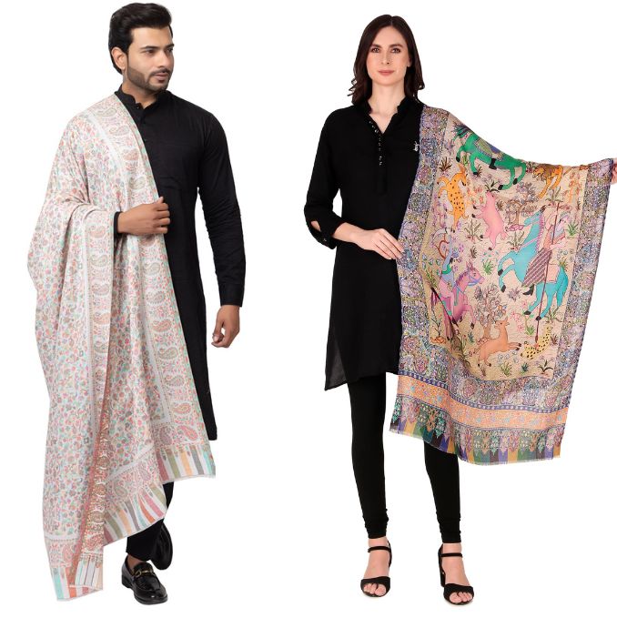 His And Her Set Of fine modal silk Digital Print Shawls and Kani silky modal Shawl for (COMBO PACK)