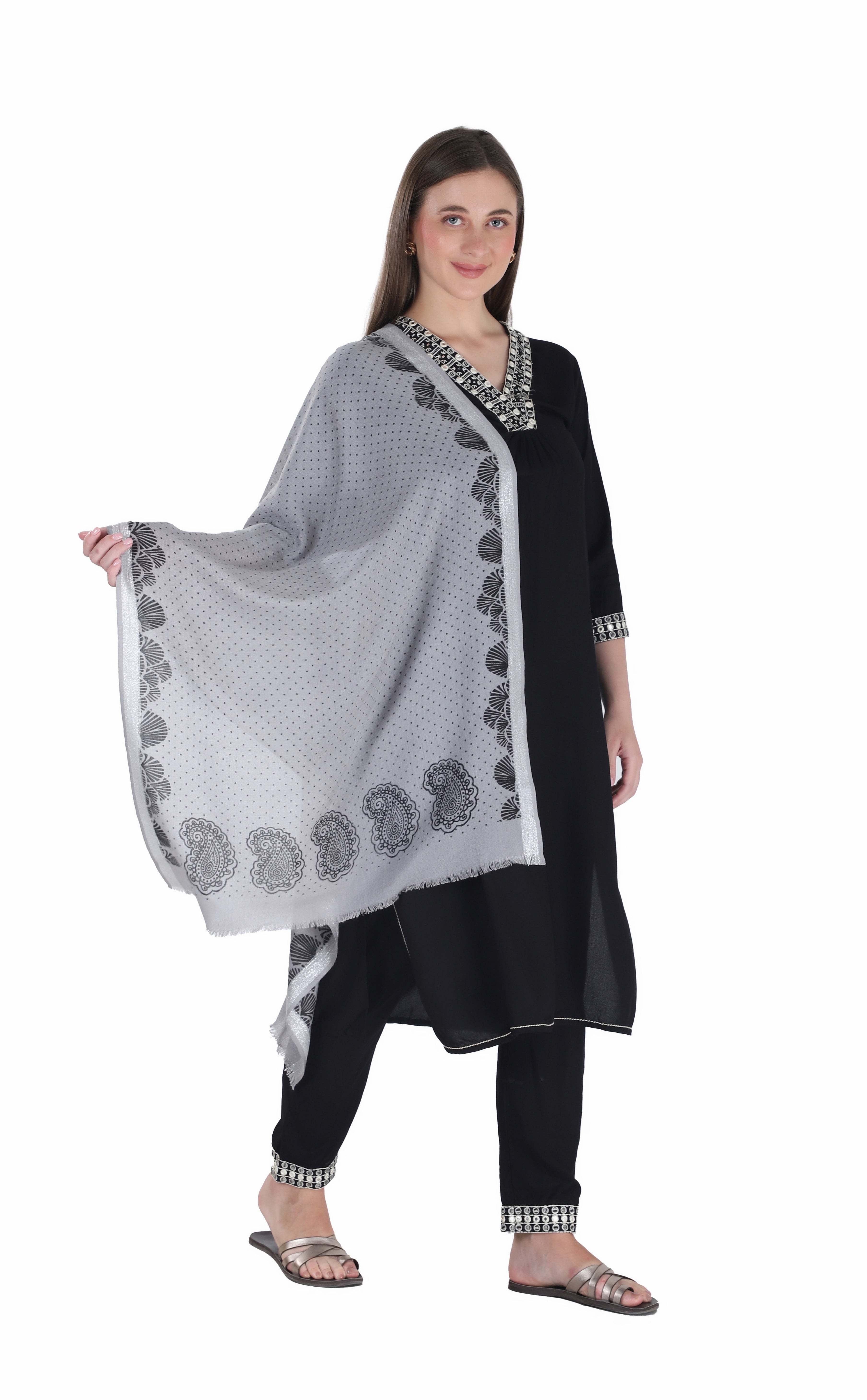 شالات نسائية شتوية جميلة ومزخرفة من Toosh Moda (رمادي 60*180)