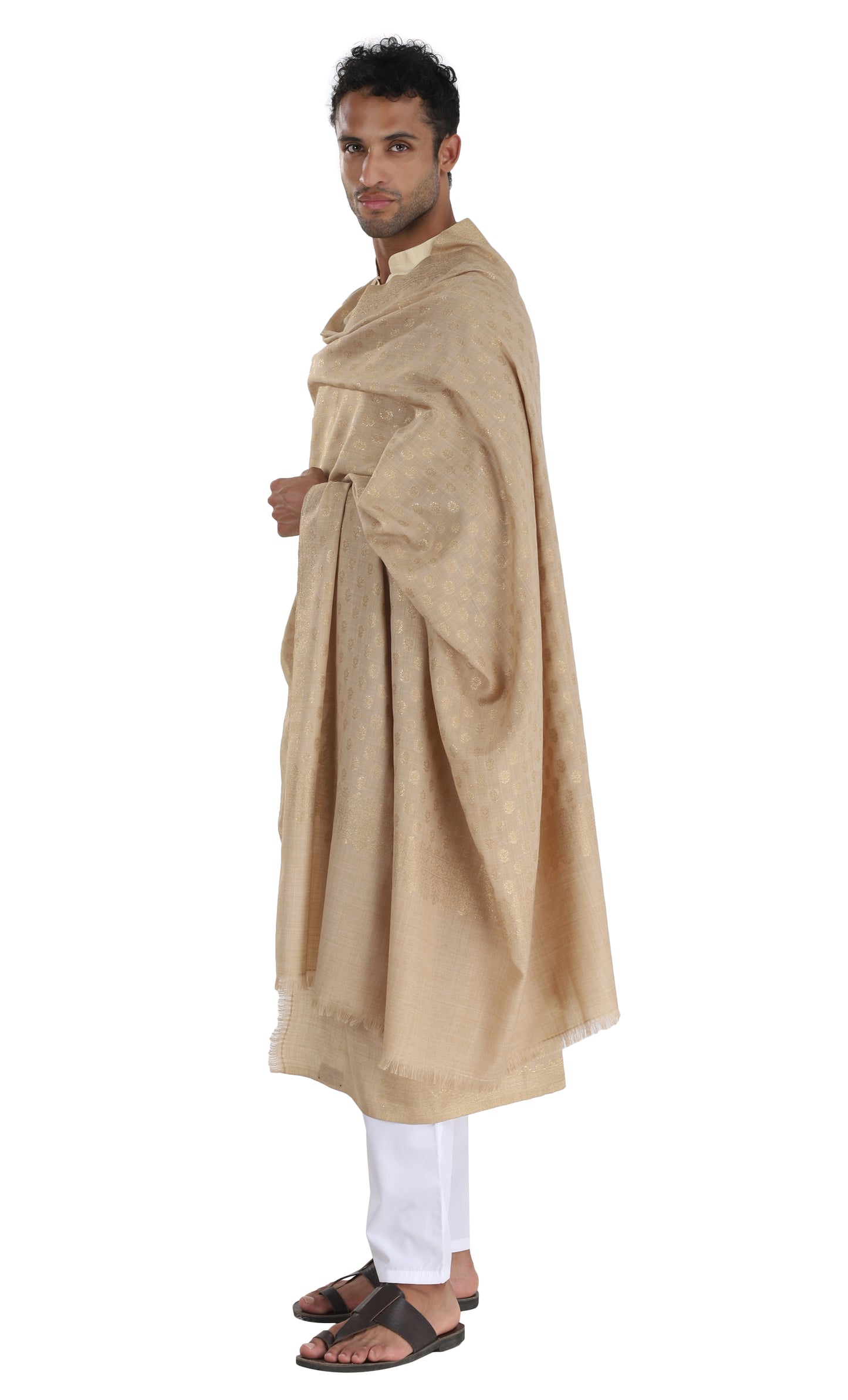 Fine Wool Zari Men's Shawl Beige