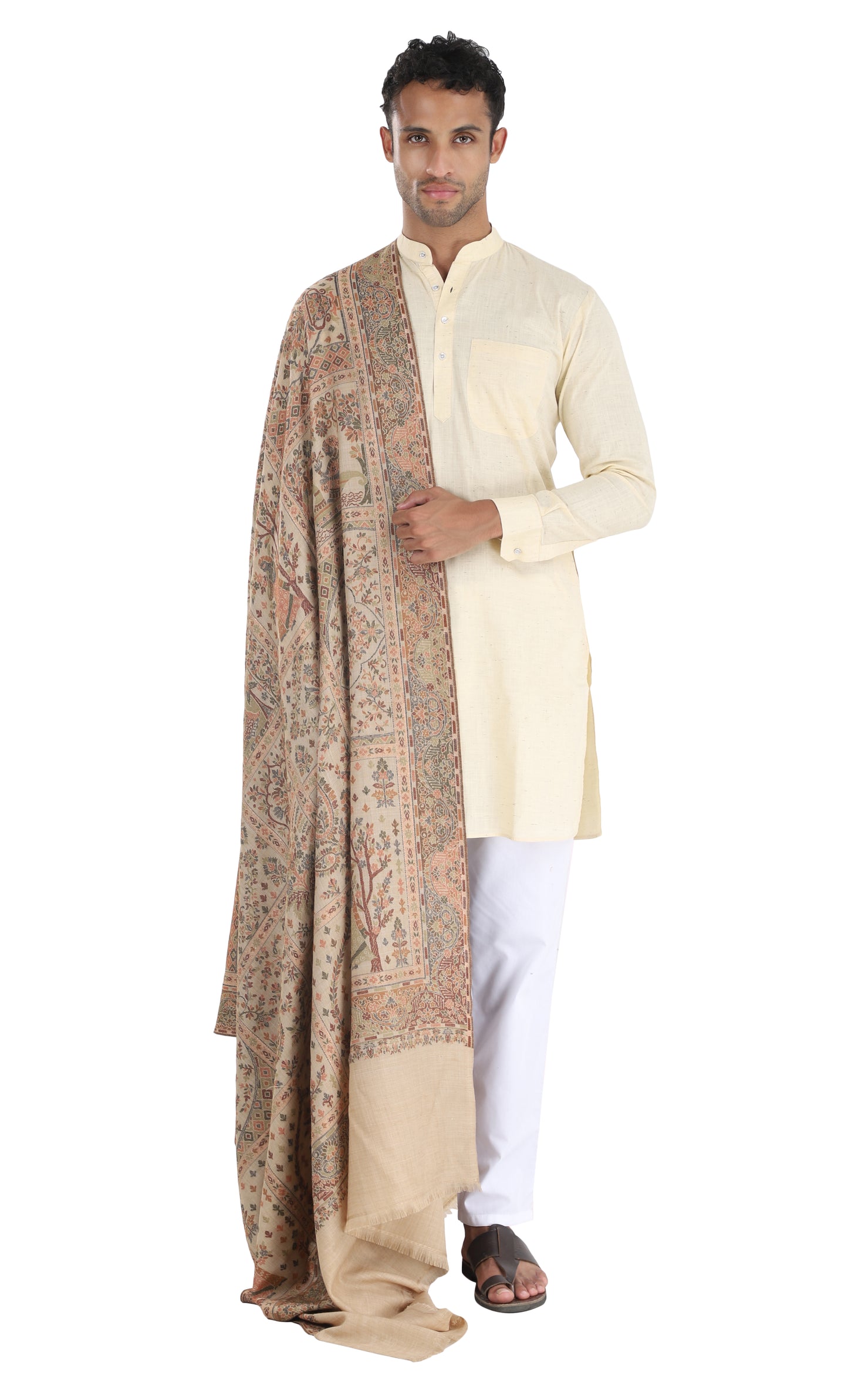 Fine wool kani men's shawl Beige