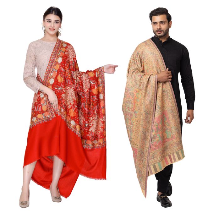 His And Her Set Of fine wool Embroidery and Kani silky modal Shawl for (COMBO PACK)