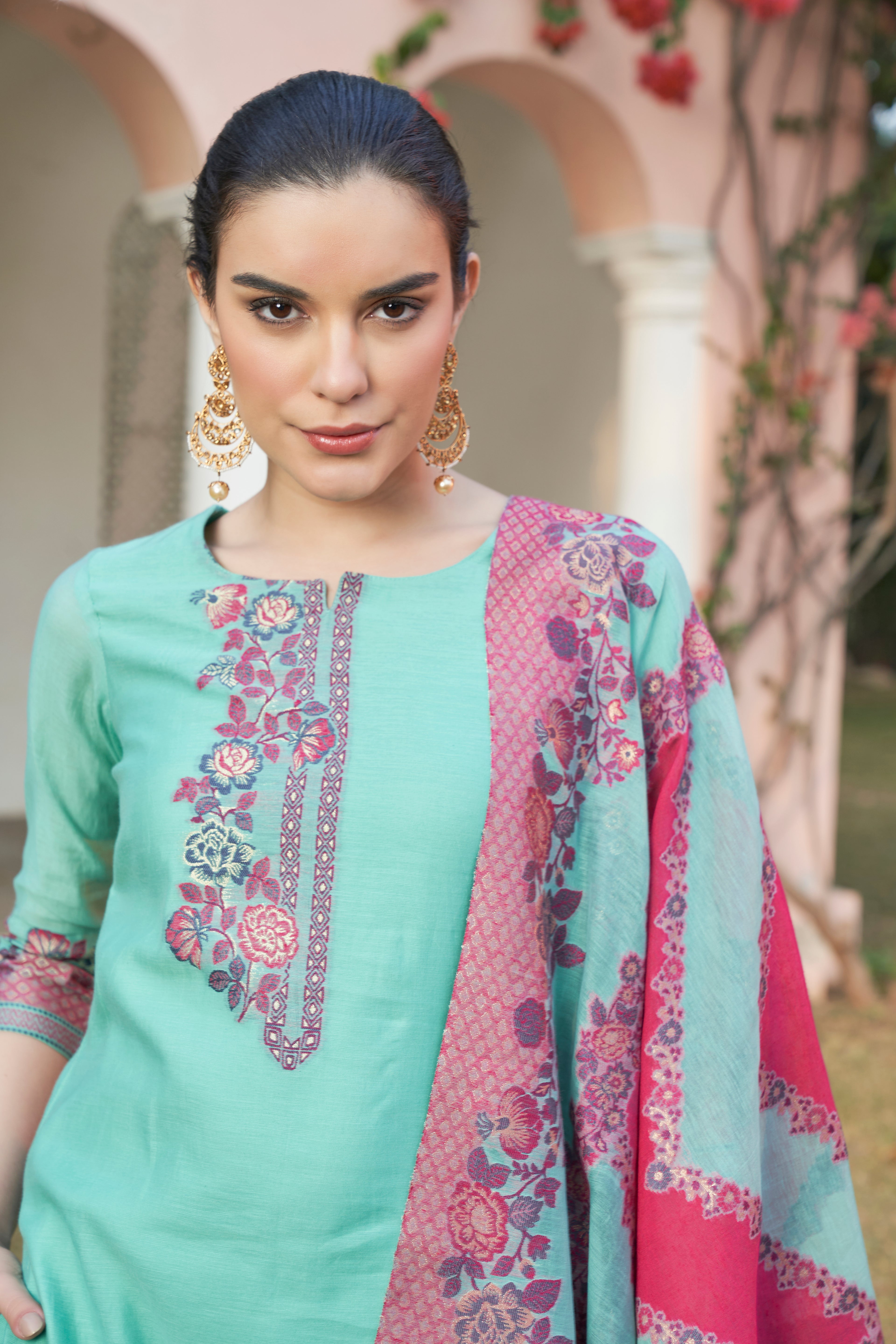 بدلة TOOSH MODA النسائية من قماش الجاكار غير المخيط مع وشاح Chanderi Dupatta