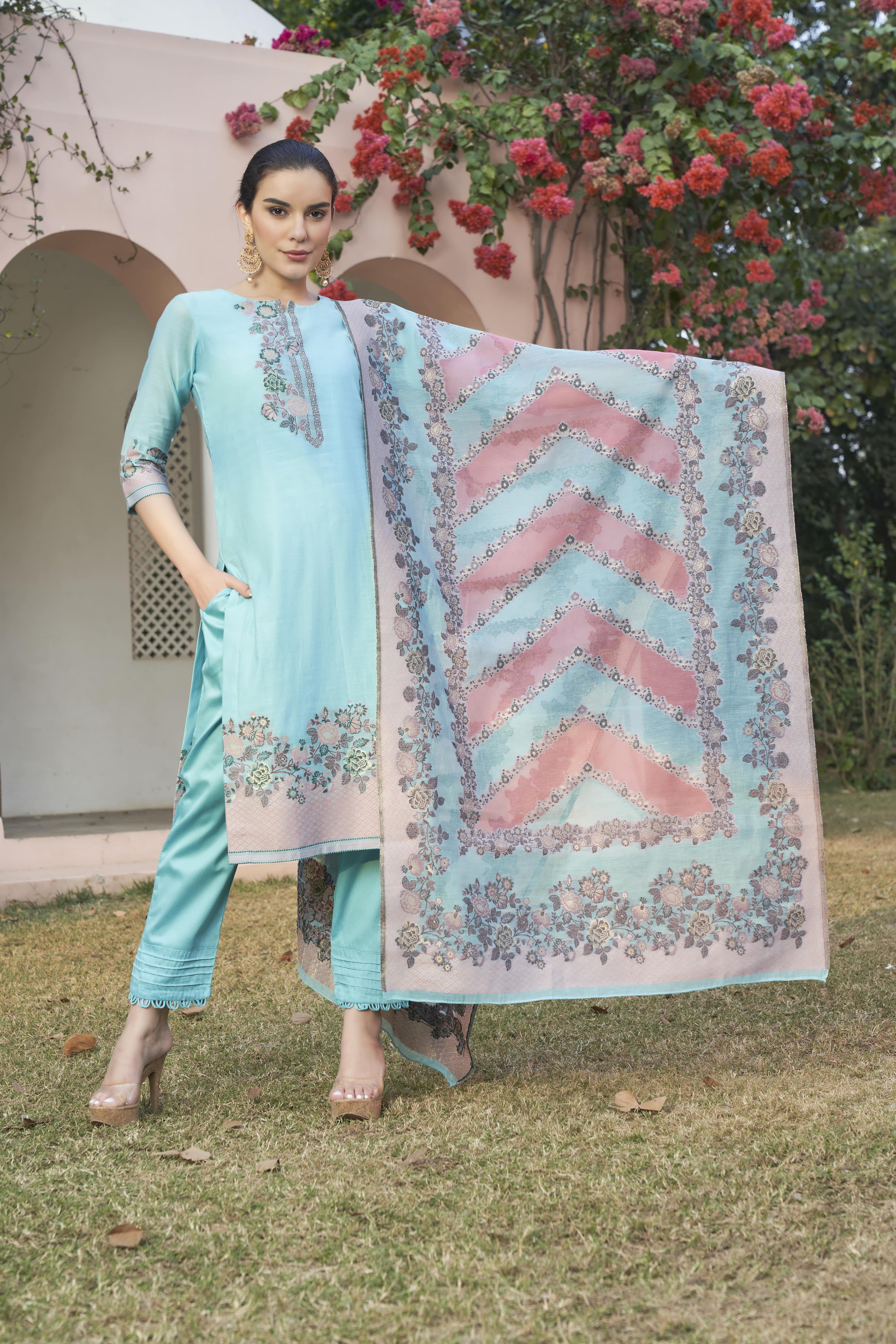بدلة TOOSH MODA النسائية من قماش الجاكار غير المخيط مع وشاح Chanderi Dupatta