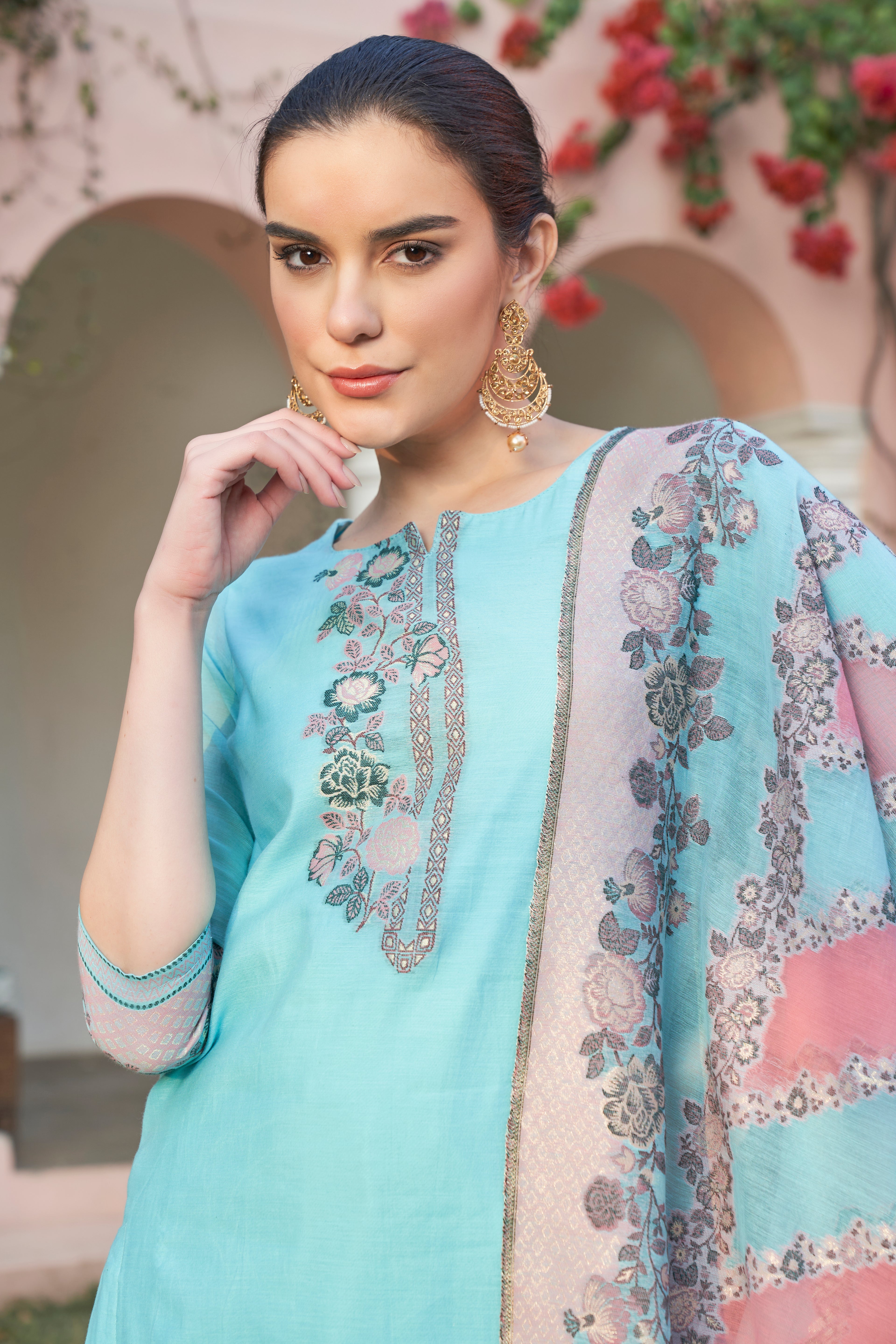 بدلة TOOSH MODA النسائية من قماش الجاكار غير المخيط مع وشاح Chanderi Dupatta