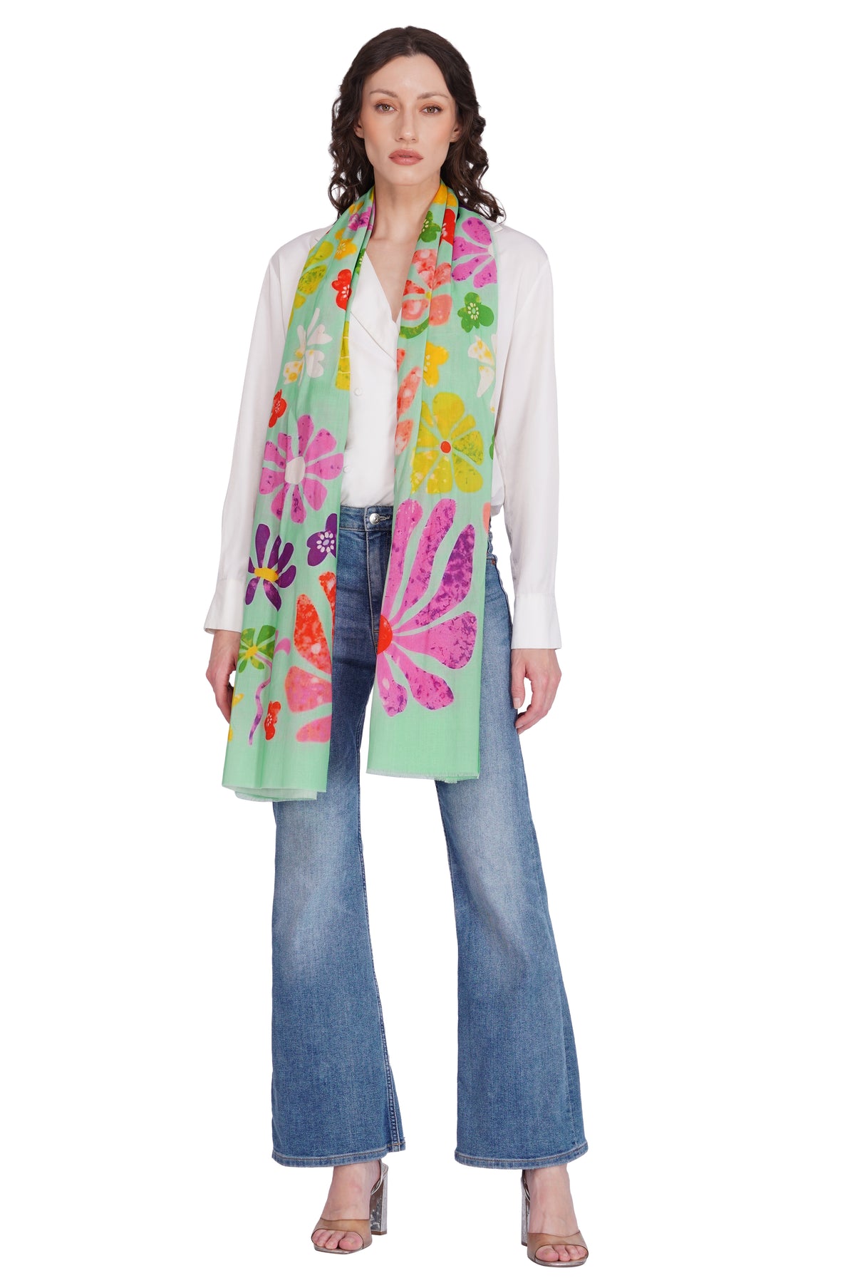 Women's Mint Green Floral Printed Lightweight Cotton Stole - Image 1