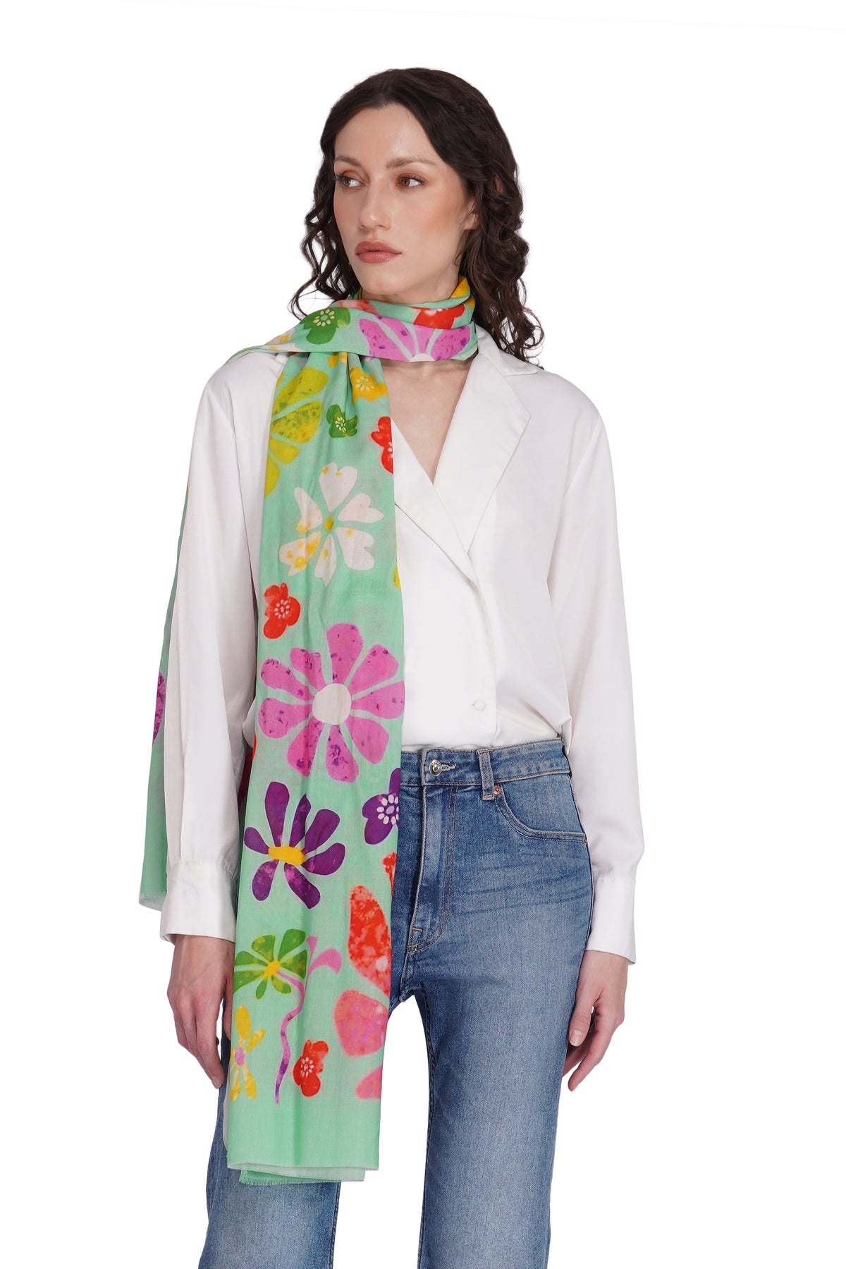 Women's Mint Green Floral Printed Lightweight Cotton Stole - Image 2