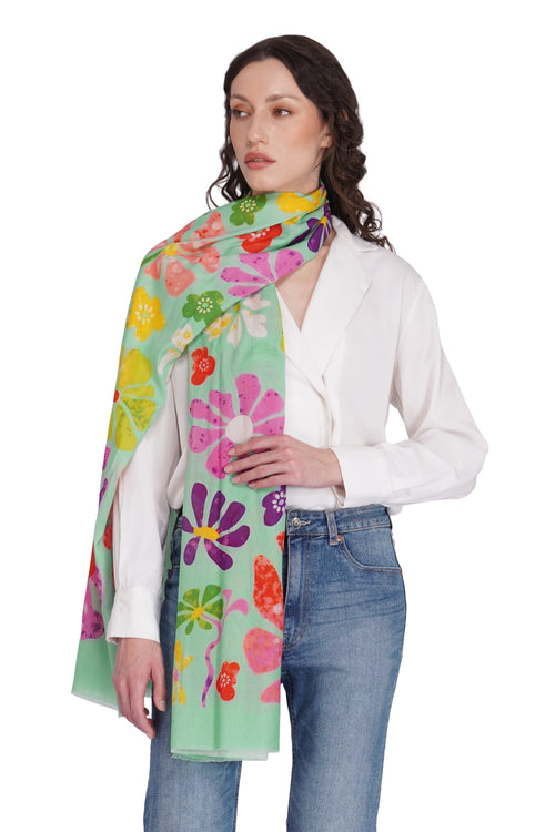 Women's Mint Green Floral Printed Lightweight Cotton Stole