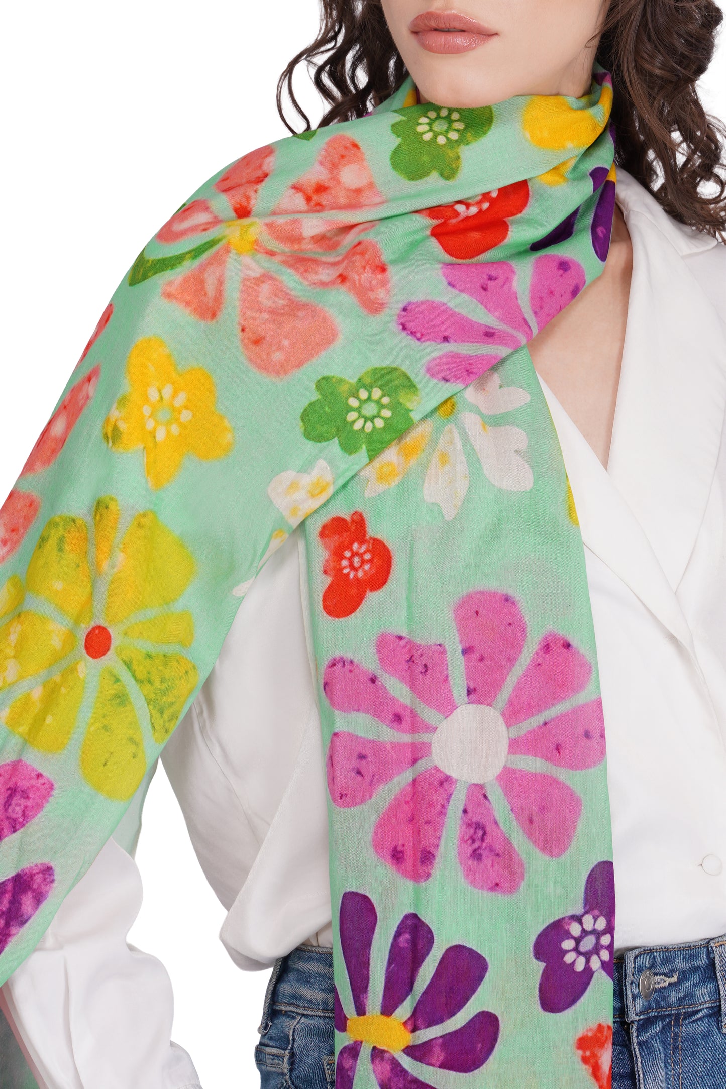 Women's Mint Green Floral Printed Lightweight Cotton Stole