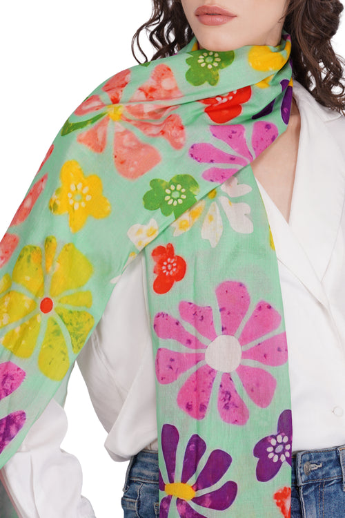 Women's Mint Green Floral Printed Lightweight Cotton Stole