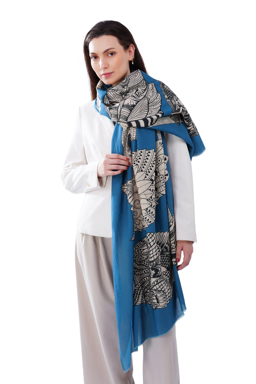 Women's Blue Elegant Pure Cotton Fashion Shawl