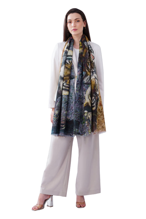 Women's Black Tiger Print Premium Cotton Stylish Shawl