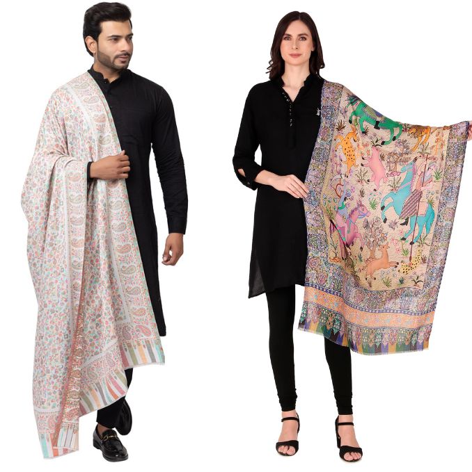 His And Her Set Of fine modal silk Digital Print Shawls and  Kani silky modal Shawl for (COMBO PACK)