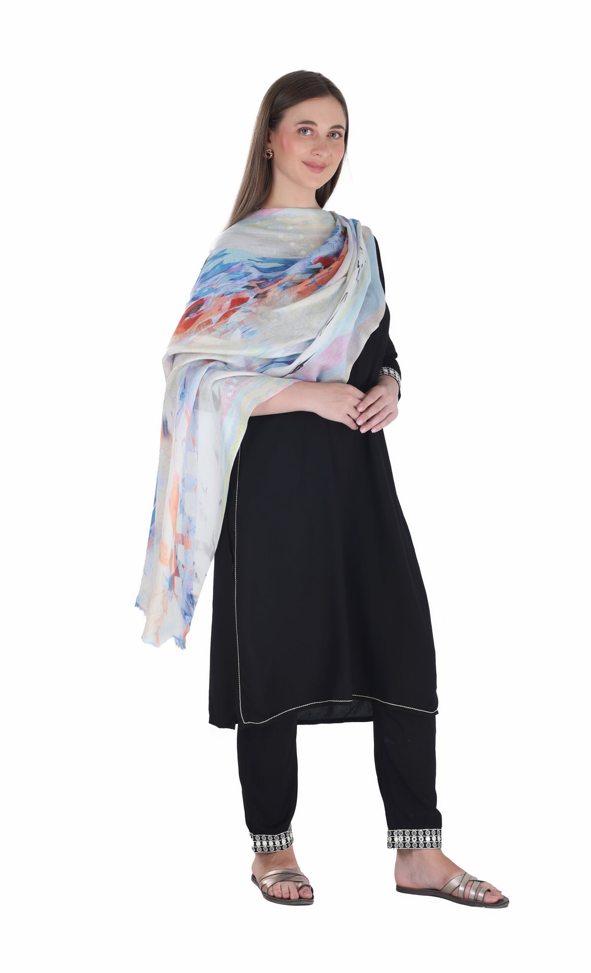 شالات نسائية شتوية عرقية جميلة مزخرفة من Toosh Moda (كريمي 160*180) - Image 2