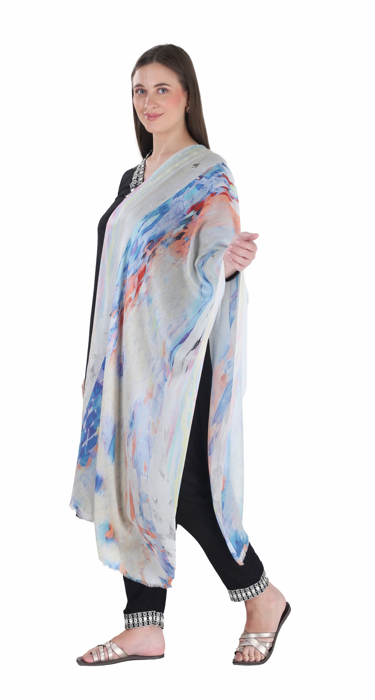 شالات نسائية شتوية عرقية جميلة مزخرفة من Toosh Moda (كريمي 160*180) - Image 4