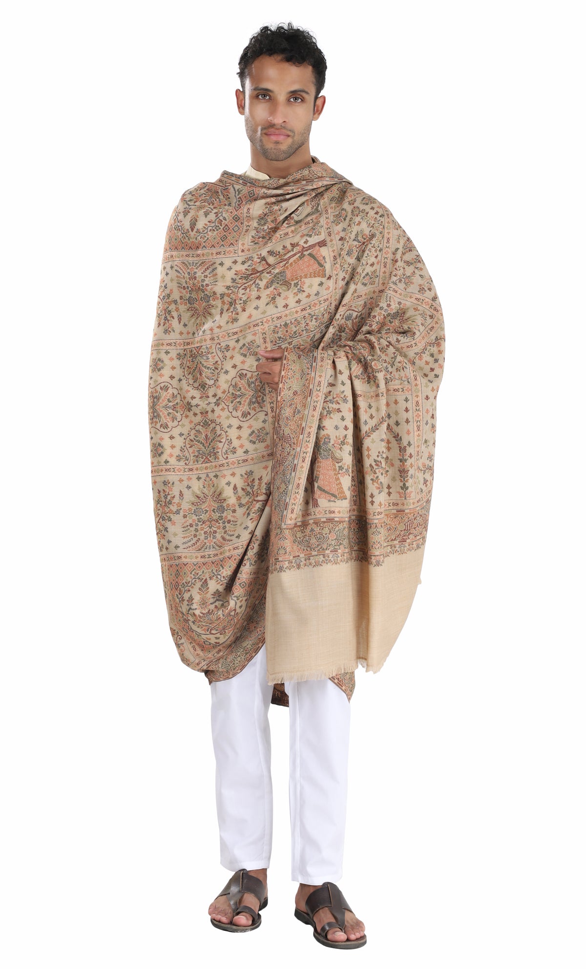 Fine wool  kani men's shawl Beige - Image 1