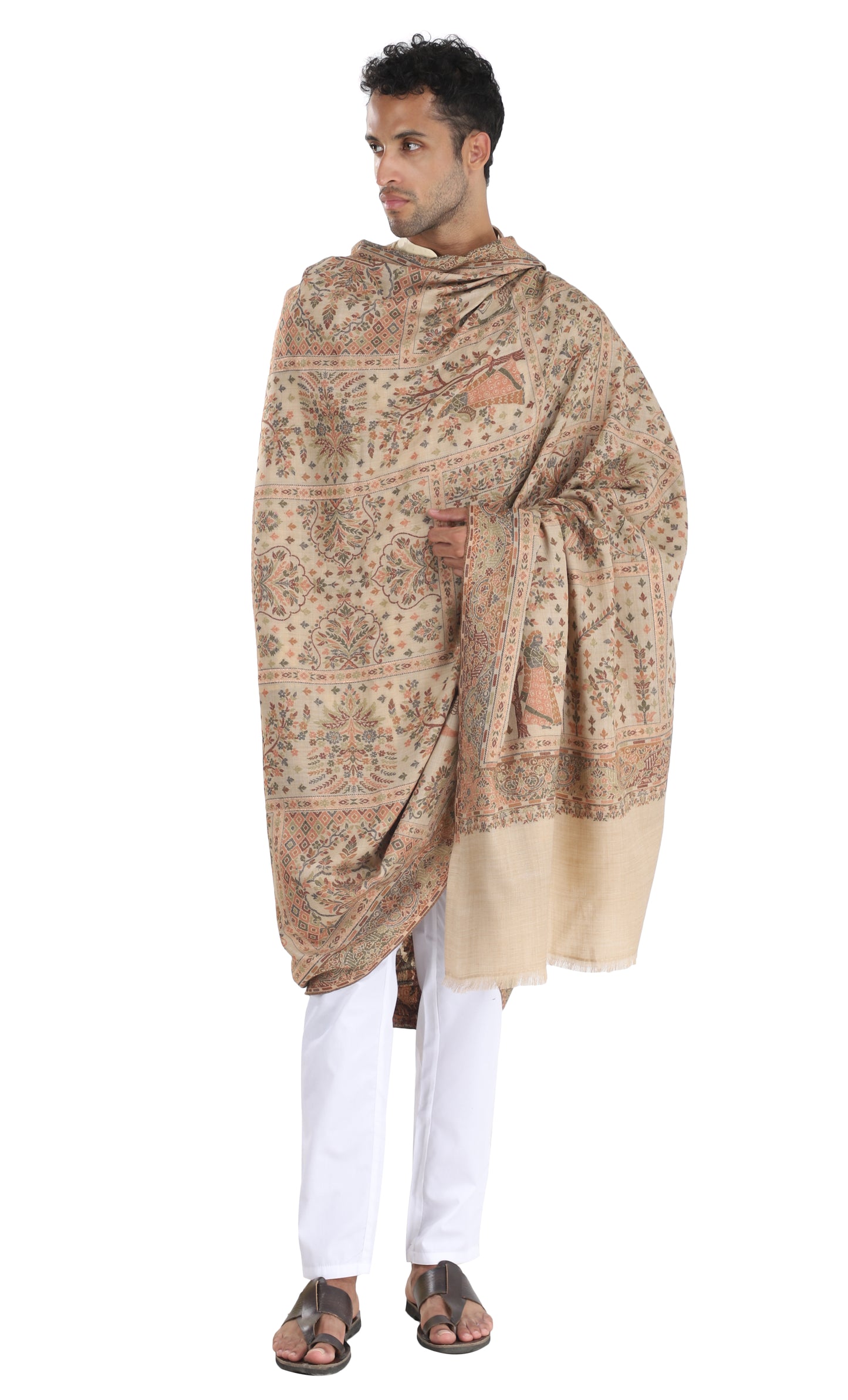 Fine wool  kani men's shawl Beige