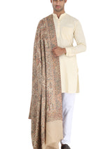 Fine wool  kani men's shawl Beige - Thumbnail 6