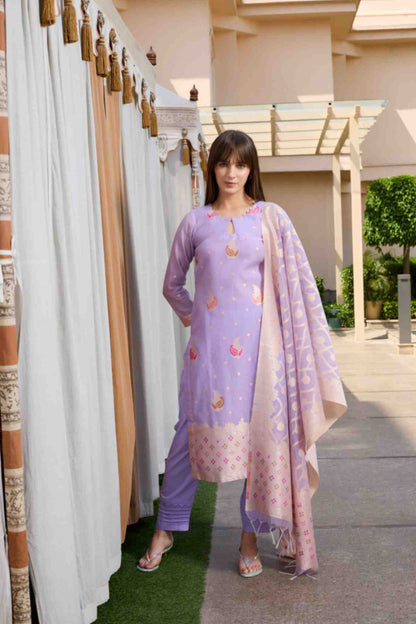 Unstitch Jacquard Suits With Chanderi Dupatta