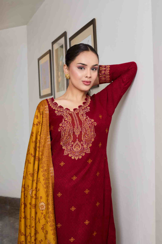 Women's Unstitch Jacquard Winter Wear Suit With Acrowool Stole