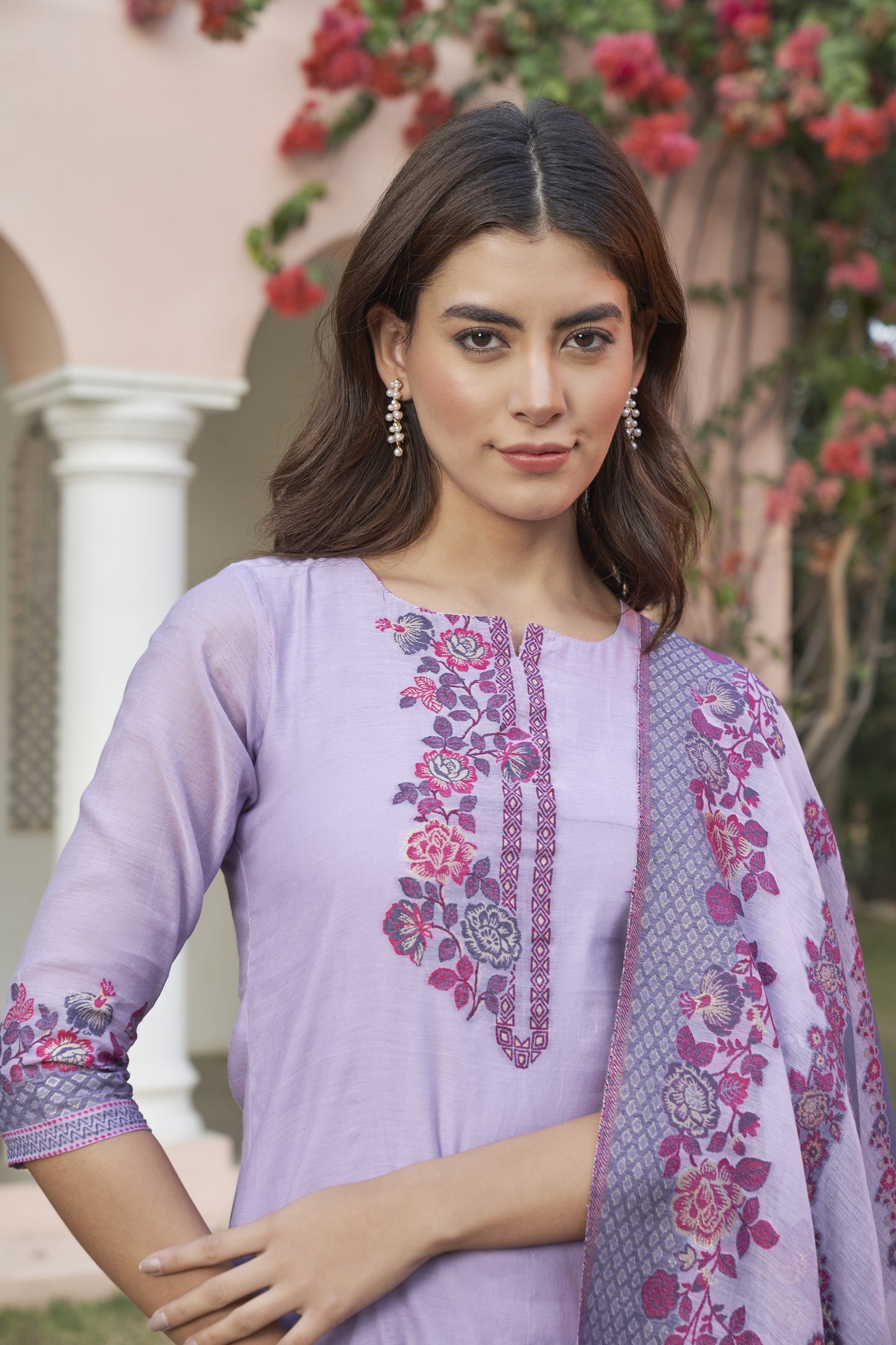 Women's Unstitch Jacquard Suits With Chanderi Dupatta