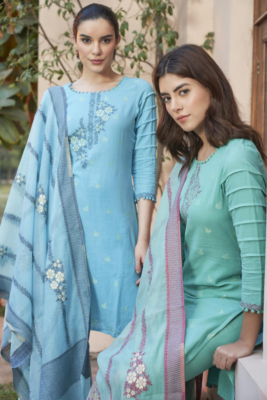 Women's Unstitch Jacquard Suits With Chanderi Dupatta